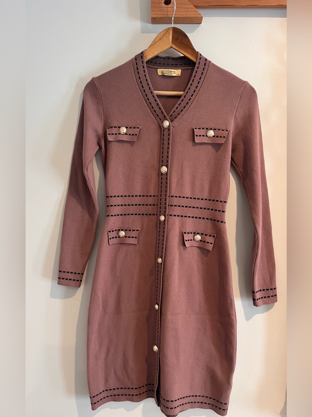 Italian Designed Knit Dress LARGE Brown Black Mocha Long Sleeve Office Classy
